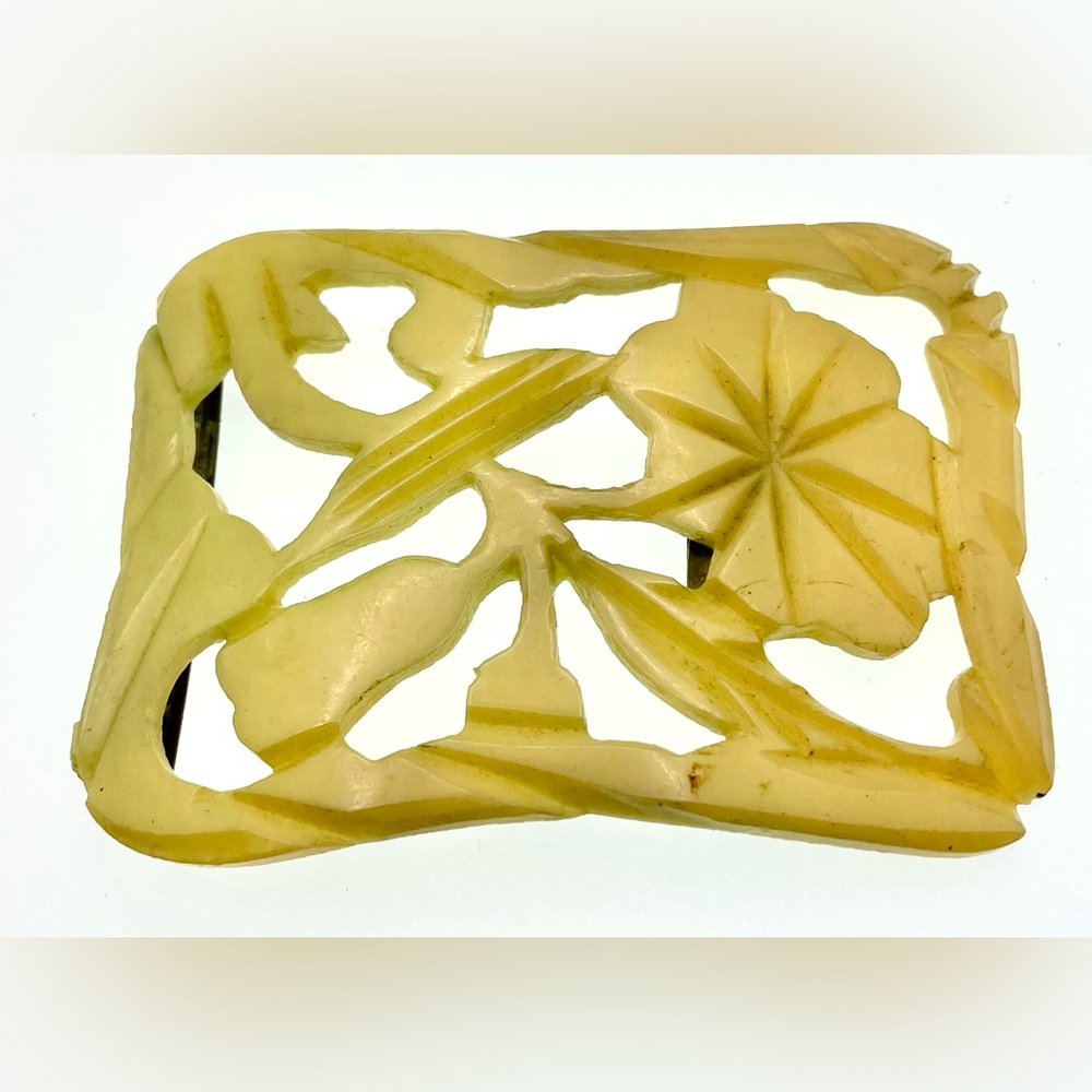 Antique 1930s Art Deco Carved Celluloid Belt Buckle Large Off Pale Yellow Floral